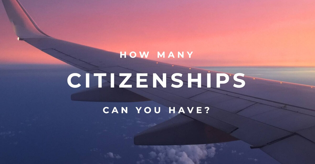 Airplane wing above the clouds at sunset with text asking how many citizenships you can have